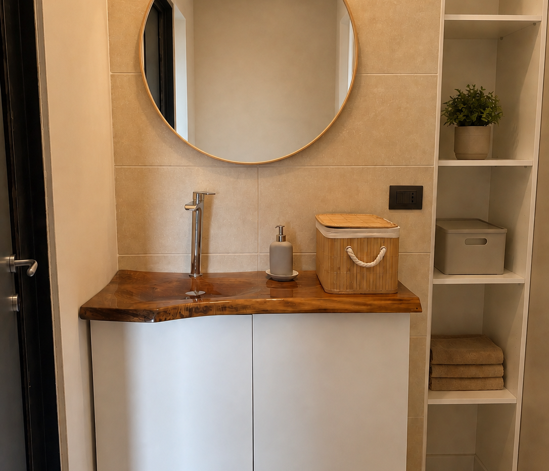 Mobile bagno con lavabo integrato in noce massello e resina